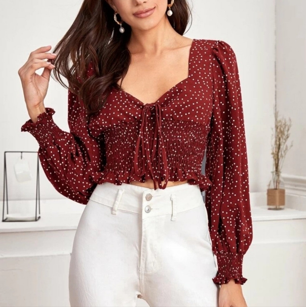 Shein Cropped Polka Dot Long Sleeve Blouse Size M